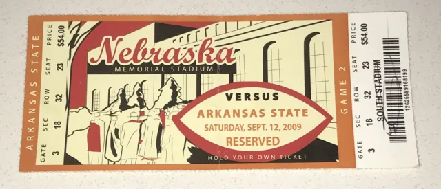 9/12/09 Nebraska Cornhuskers Arkansas State Memorial Stadium Season Ticket Stub
