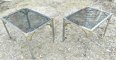 Pair Of Mid Century Modern Chrome And Brass Glass Top End Tables