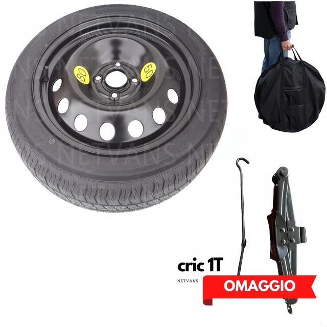 Kit Ruotino Di Scorta 125/70R16 Con Cric, Chiave E Sacca, Compatibile Con Opel Corsa-F, Per Emergenze Stradali