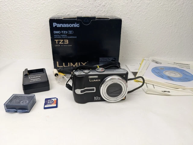 Panasonic LUMIX DMC-TZ3 7.2MP Digital Camera Bundle w/ SD Card Cords Charger Box