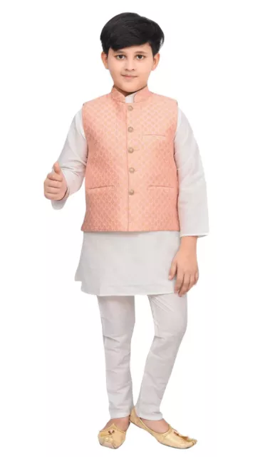 Boys Wedding Theme Pink Brocade Waistcoat Jacket Koti for Kurta Pajama 034 UK