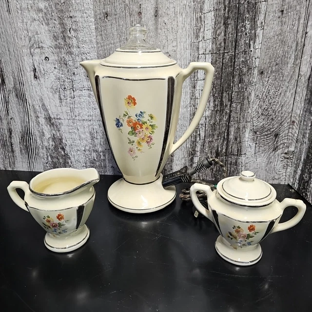 Antique Porcelier Coffeepot Perculator 410 Creamer Sugar Bowl Platinum Trim Vtg