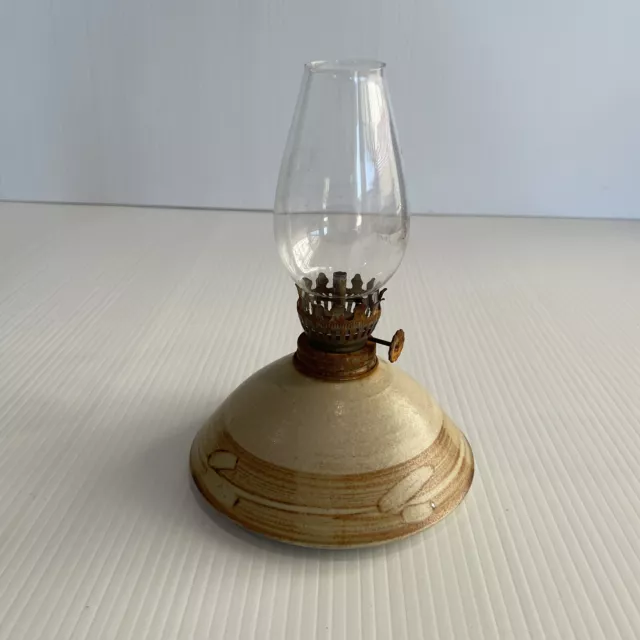 Pottery Handcrafted Oil Lamp Signed Peppi 12.5cm Diameter Beige & Brown