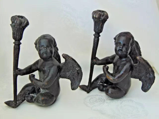 Pair Antique 19th C Bronze Winged Putti Cherub Figures Sculptures with Torch