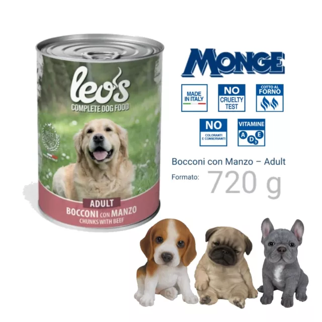 SCATOLETTE MONGE 12pz X 720gr ALIMENTO CIBO BOCCONCINI PER CANE UMIDO  MANZO