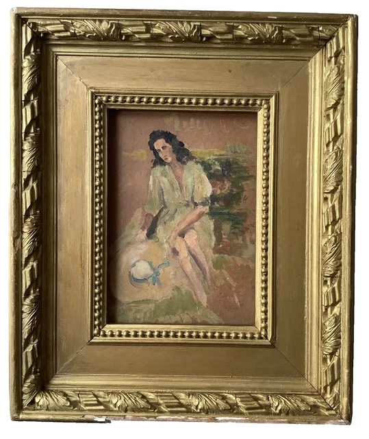 Early 20th Century Impressionism Study Portrait of a Woman with Straw Hat Oil