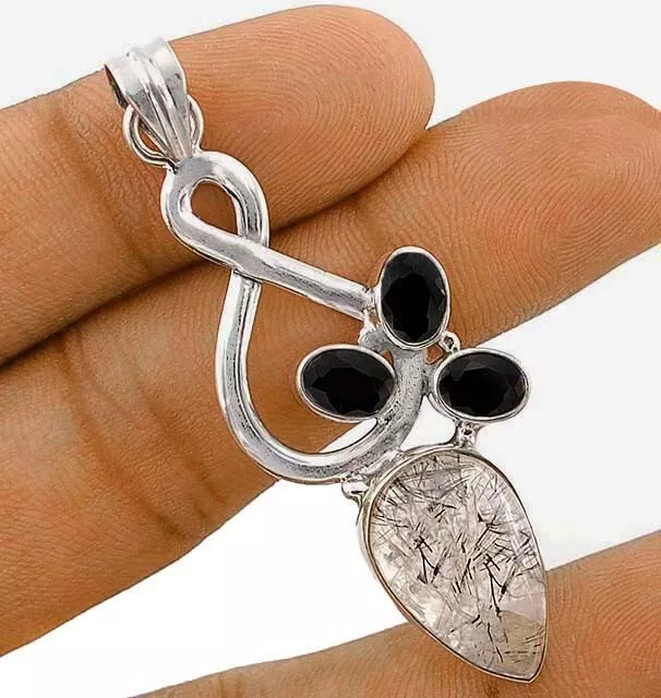 Natural Black Rutilated Quartz 925 Solid Sterling Silver Pendant NW1-8