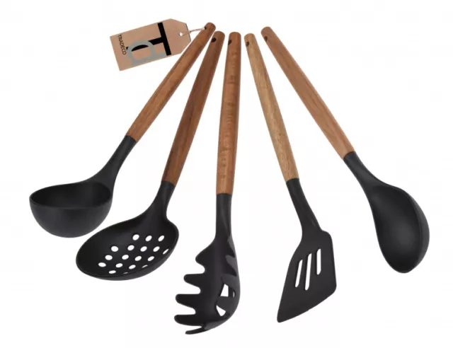 6pc Set of Silicone Utensils with Acacia Wood Handles Including Flat Iron Holder 3