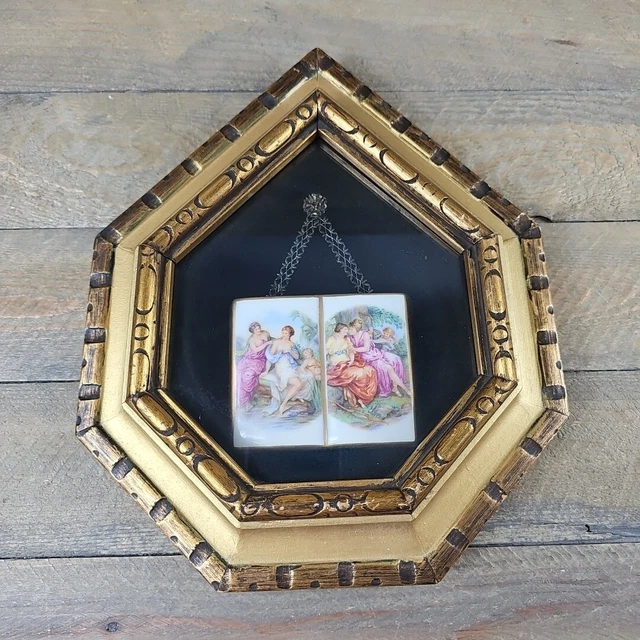 VINTAGE WALL ART Gold Framed Small Porcelain Victorian Scene Book/ Chain/ Velvet 67.39