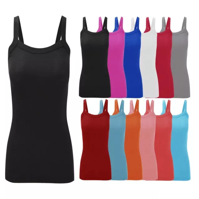 New Ladies Women's Plain Ribbed Stretchy Vest Top Strap Gym Cami Plus Sizes 8-26