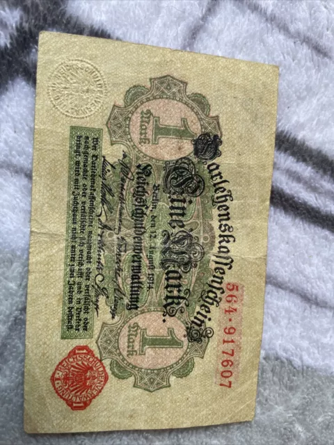 Banknote Deutschland - Darlehenskassenschein -1 Mark -1914 - Rs. weiß -Stpl. rot
