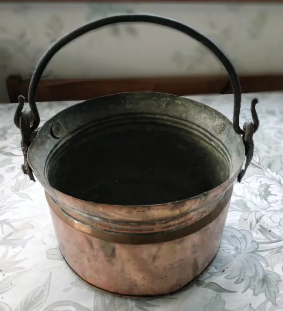Antique Copper Pot/ Cauldron,  Wrought Iron Handle