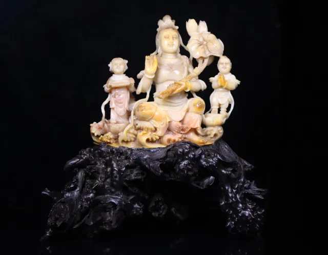 Chinese Exquisite Handmade Guanyin and Children Carving Shoushan Stone Statue