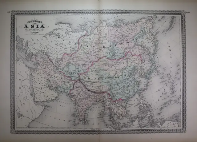 1880 Johnson's Atlas Map ~ ASIA, ARABIA, INDIA, SIAM (18x28) ~Free S&H #734