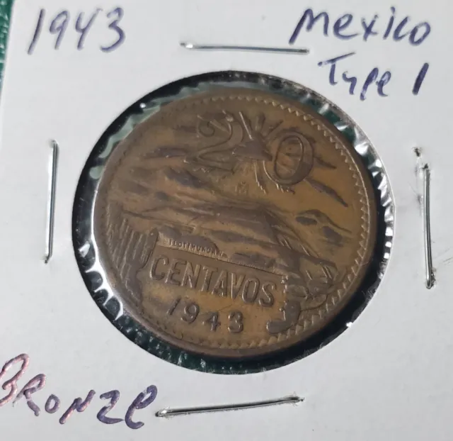 1943 Mexico 20 Centavos Copper Coin