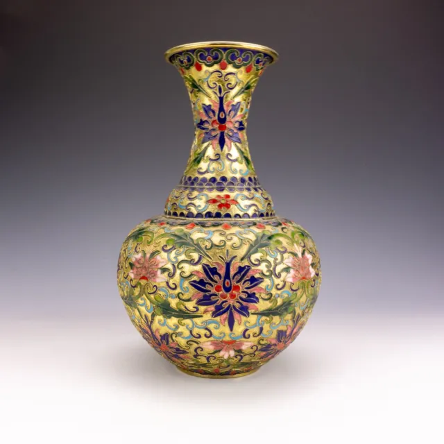 Vintage Chinese Cloisonne Enamel - Oriental Flowers Brass Vase 3