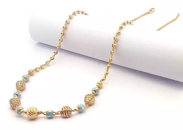 22K Real Gold Beautiful Beads With Blue Heart Chain Necklace Choker 18in length