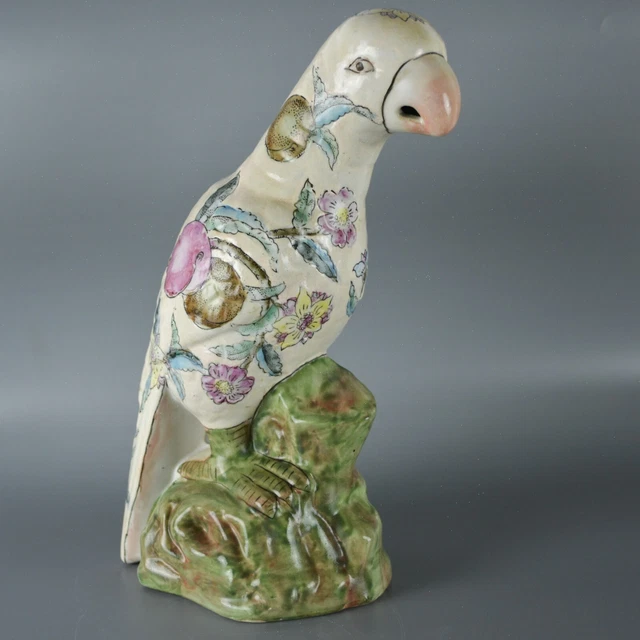 WBI Parrot Ceramic Hand-Painted Flower Bird Pottery Sculpture White Floral Plum