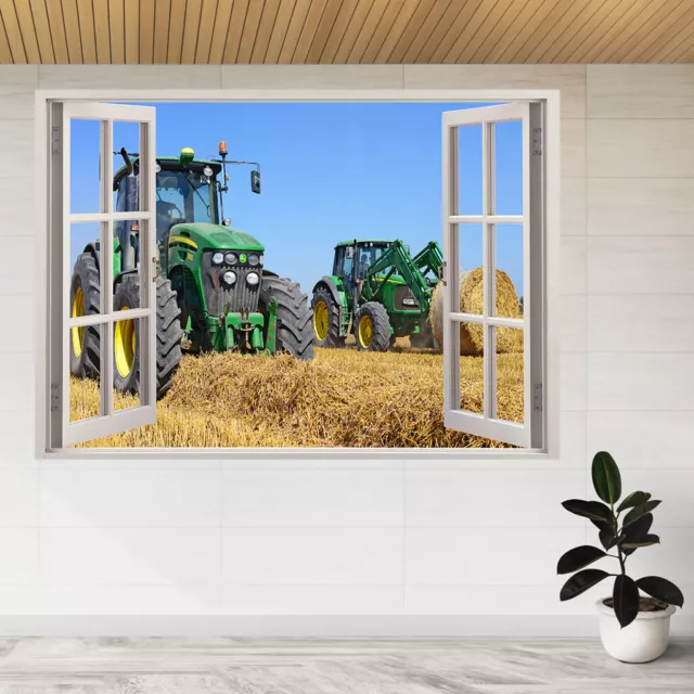 Tractor Harvesting Straw In Field 3d Window View Wall Sticker Poster Decal A860