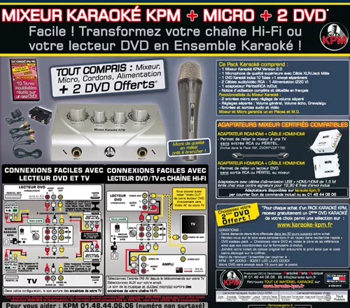 Pack Karaoké KPM Mixeur + 2 DVD + Micro + Adaptateur RCA/HDMI + Câble HDMI 1.5M 2