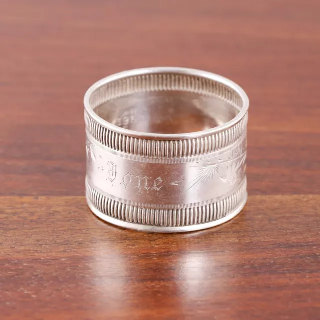 Wood & Hughes Aesthetic Coin Silver Napkin Ring Botanicals With Ribbed Bands