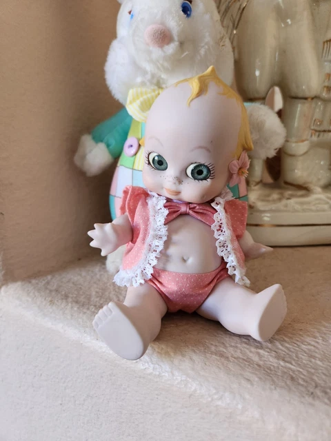 Vintage 7" Dolly  Porcelain Bisque Jointed Kewpie Doll With Glass Eyes