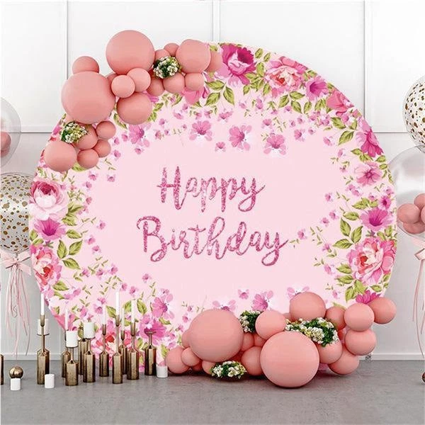 Pink Floral Sparkling Dress Round Birthday Backdrop