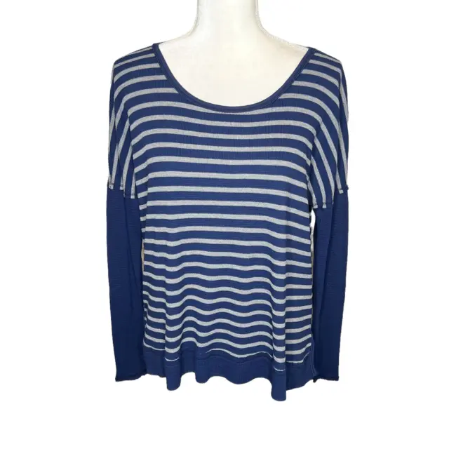 MICHAEL STARS Women's Striped Thermal Long Sleeve Top Navy Blue Gray One Size