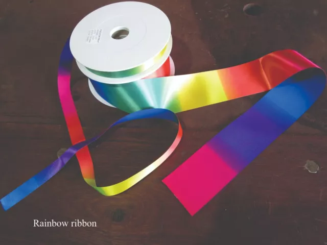 Rainbow Satin Ribbon - 25,50,100 metre rolls - 10,15,25,37,50,75,100,150mm wide.