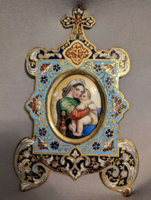 Antique Porcelain Painting "Madonna of the Chair" - Brass & Enamel Frame