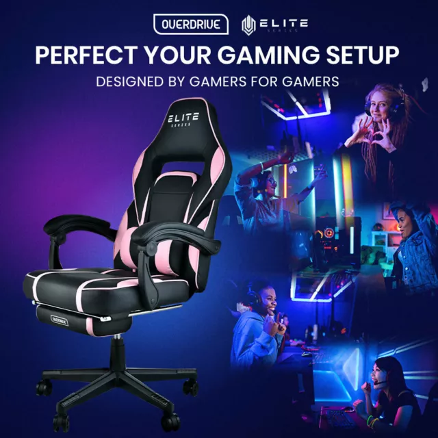 OVERDRIVE Gaming Chair Pink Racing Computer Office Ergonomic Reclining Footrest 3