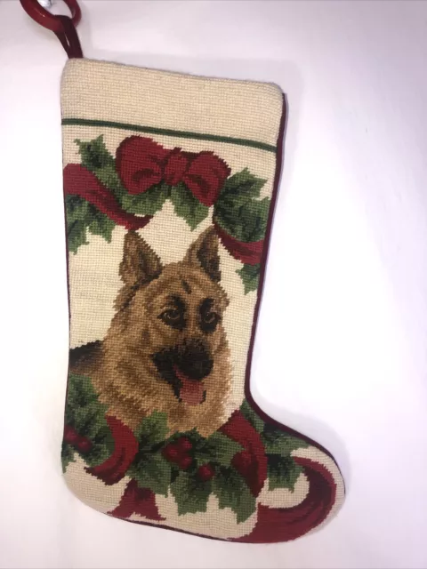 Vintage Needlepoint Christmas Stocking With German Shepherd Dog- Red Velvet