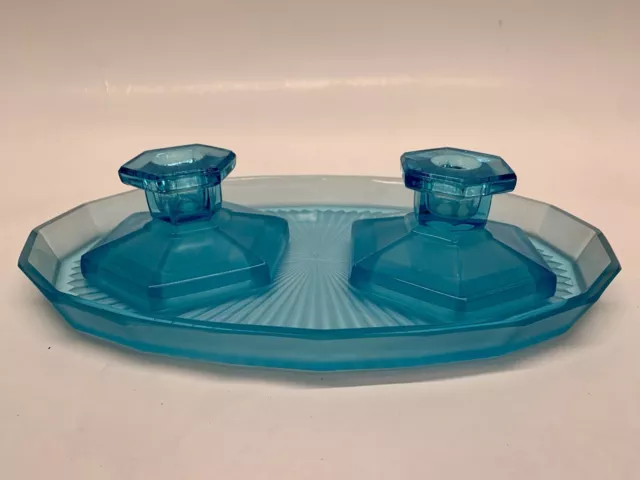 Vintage Art Deco Davidson Glass Blue Tourquoise 3Piece Dressing Table Vanity Set