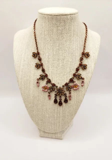 Copper Tone, Brown & Pink Flower Statement Necklace