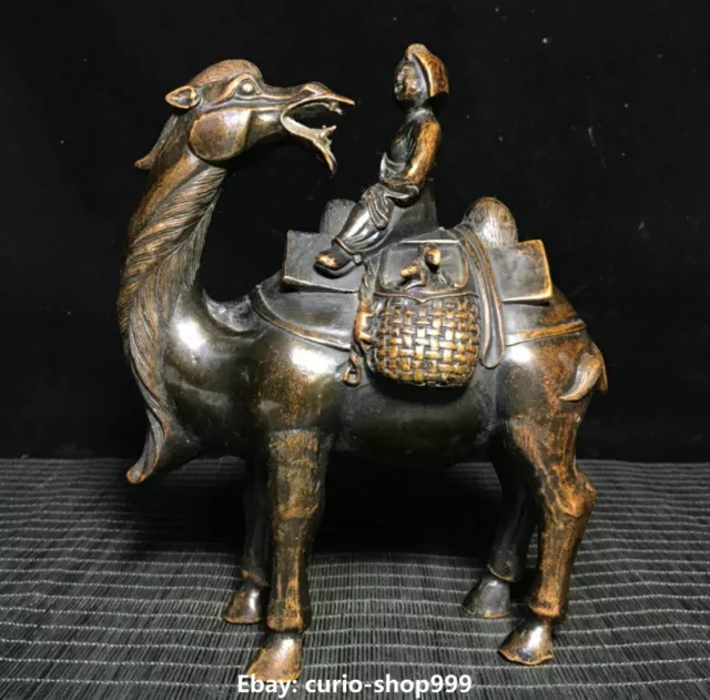 8.8" Old Chinese Bronze Fengshui Dynasty Belle Beauty Girl Ride Camel Statue