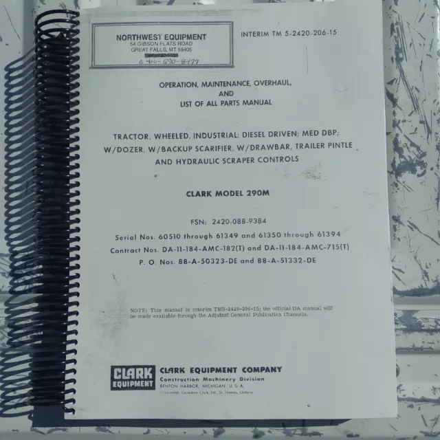 Clark 290M Tractor Maintenance Parts Operation Manual