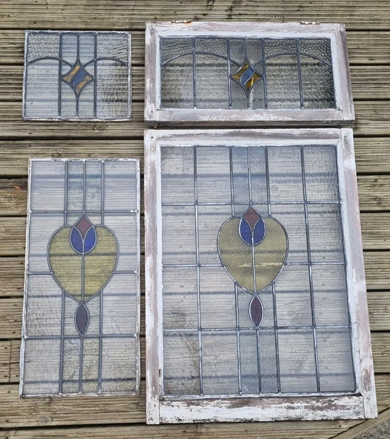 Stained Triangular Window Identical STAINED GLASS WINDOWS - two sets of identical design from 1930s £39.99 ...