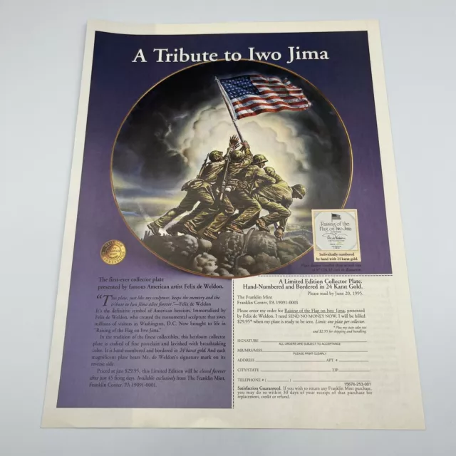 Franklin Mint Tribute to Iwo Jima Collector Plate 1995 Print Ad 8.5"x11" AD ONLY