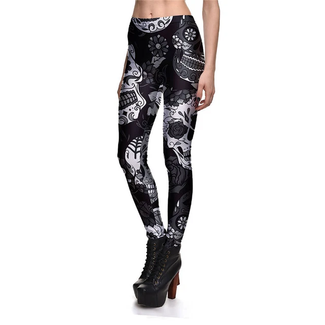 Leggings Donna Ragazze Pantaloni Sport Yoga Digitale Stampato in 3D Teschi Fiore Gotico