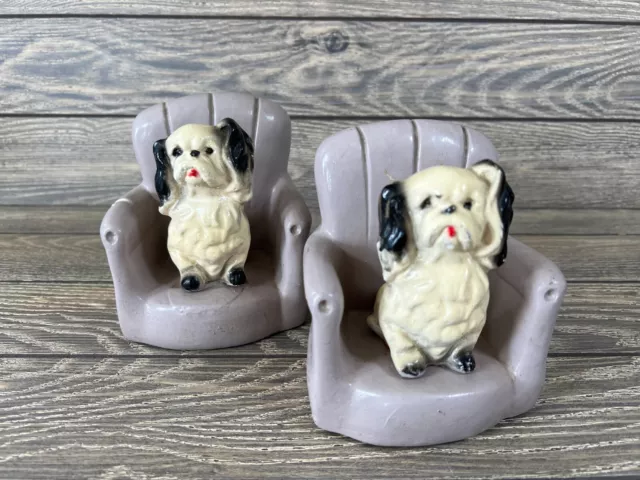 Chalkware Chair Bookends w/Sitting Pekinese Dogs