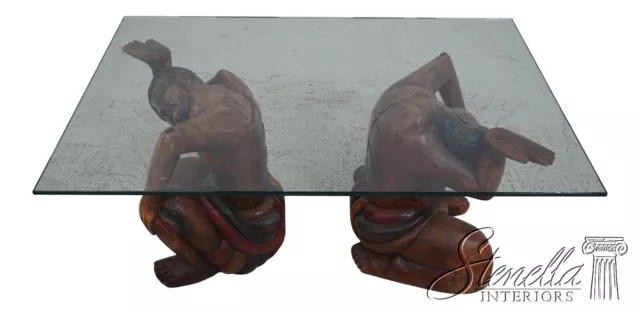 F63878EC: Asian Figural Carved Base Glass Top Coffee Table