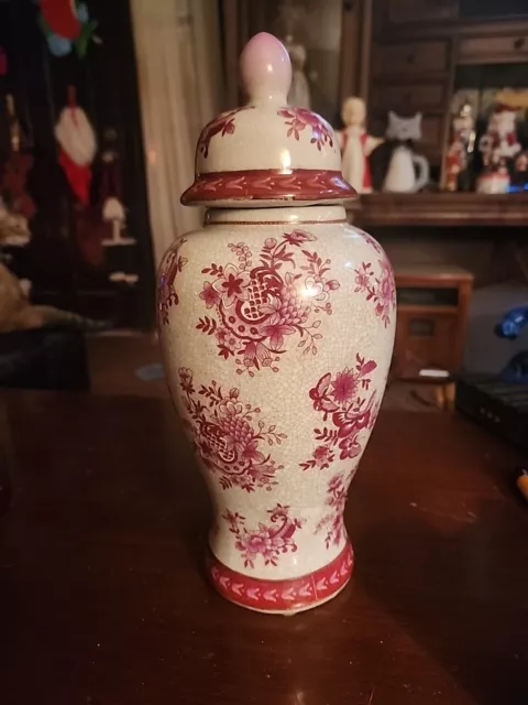 VTG CHINESE ZHONGGUO ZHI ZAO HAND PAINTED Red CLOISONNE' STYLE FLORAL 11" VASE 