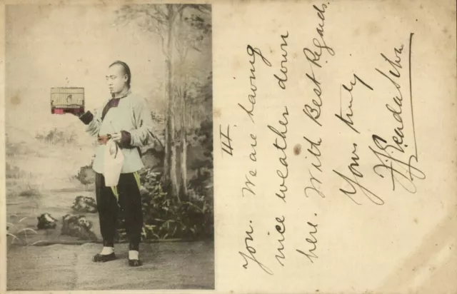 china, HONG KONG, Chinese Man with Birdcage (1899) Postcard