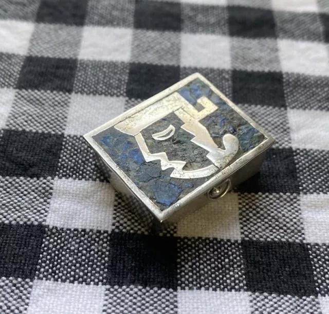 Vintage Antique Sterling Silver Lapis Mayan Pill Snuff Box Mexico 925 JMZ