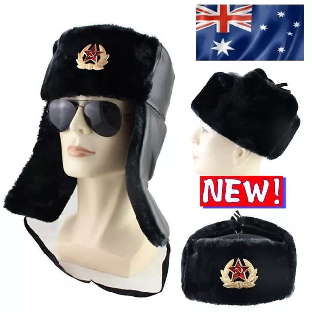 Russian Trapper Hat black With Soviet Badge Faux Fur Ushanka Cossack Flap Cap HQ