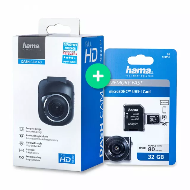 Hama KFZ Dashcam 60 + microSD Speicherkarte 32GB Auto Kamera FULL HD Unfall Cam