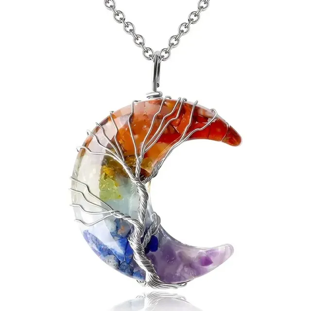 7 Chakra Healing Crystal Necklace Pendant Tree Life Wire Wrapped Moon Gemstone