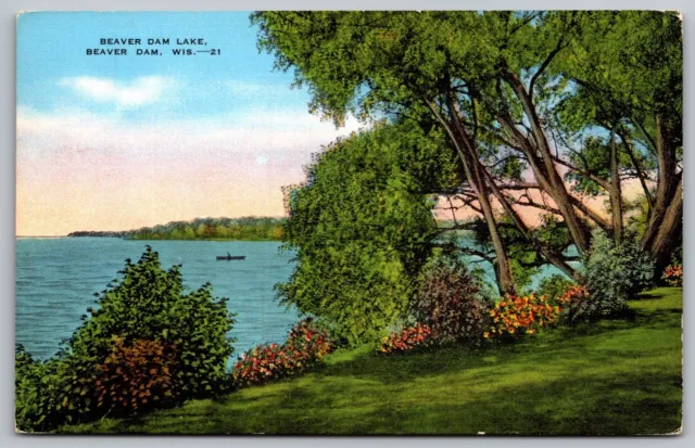 Beaver Dam Lake Wisconsin Lakefront Boat Flowers Waterfront Vintage UNP Postcard