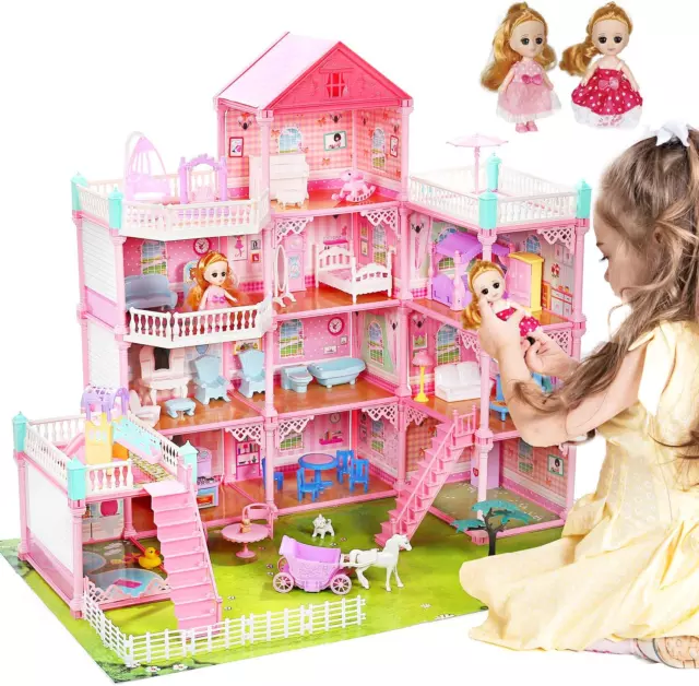 CUTE STONE 11 Rooms Huge Dollhouse with 2 Dolls and Colorful Light, 31" X 28" X
