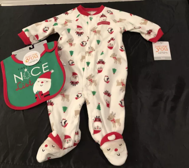 NEW Carters Baby Boy Girl 1st Christmas Fleece Sleeper &  Nice List Bib 3 Month
